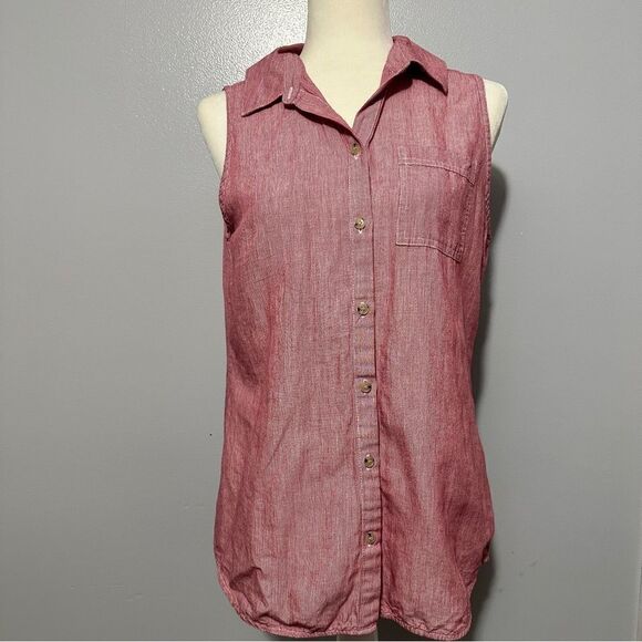 Liz Claiborne red and white button up tank with elastic on the waist. Size M - Picture 1 of 6